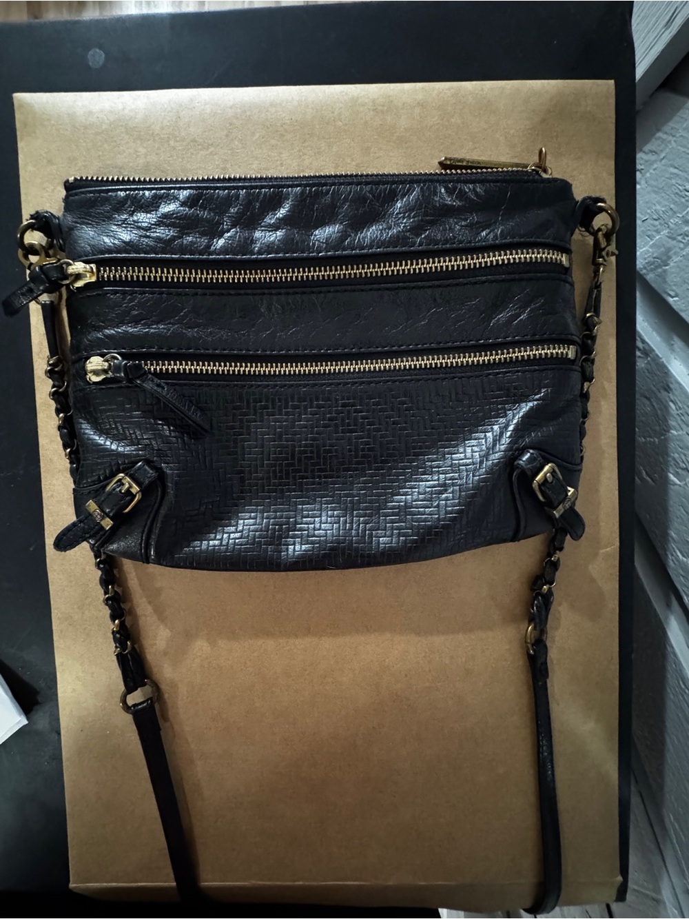 Elliott Lucca Black LEATHER Crossbody Bag Gold Hardware moto festival buckle